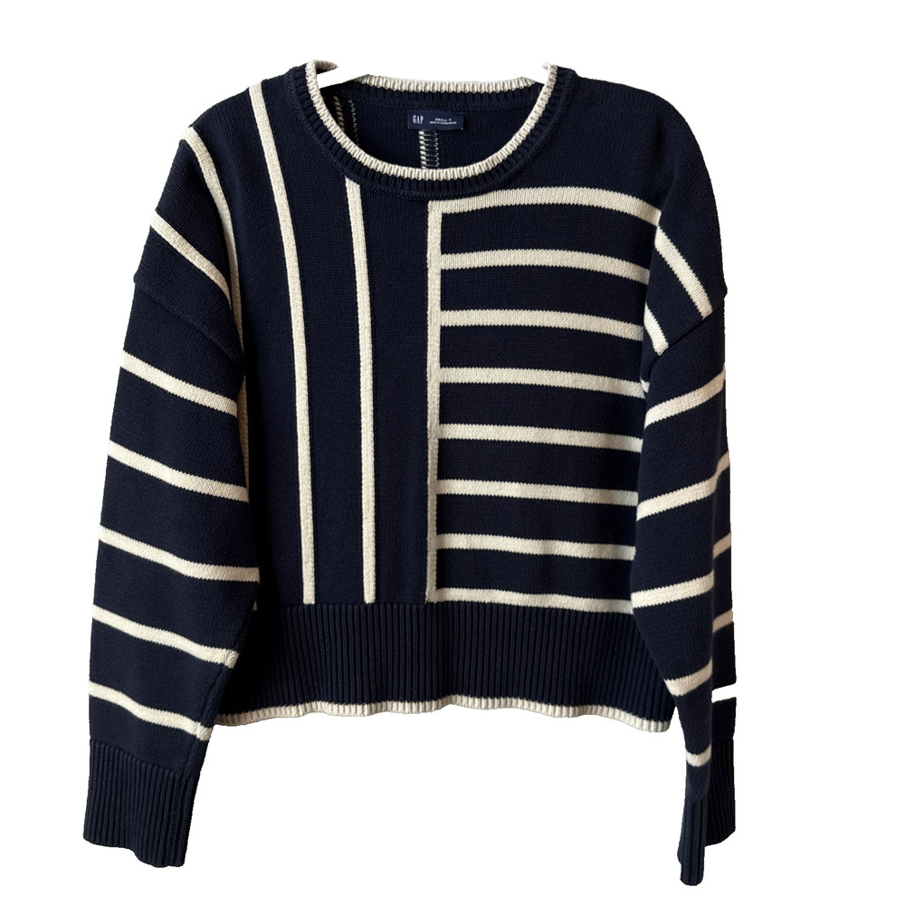 Gap Women’s Tall S Nautical Navy Stripe Cropped Oversized Knit Sweater Luxury
